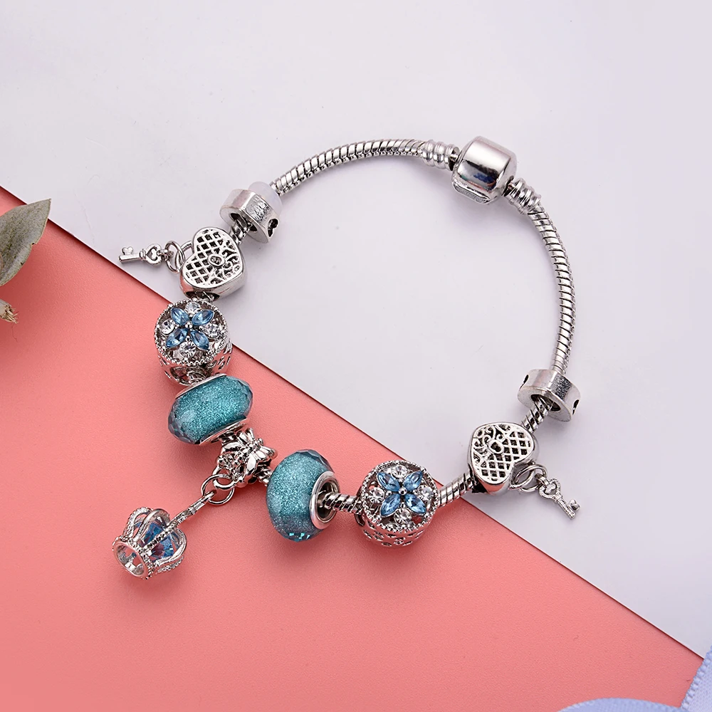 exquisite colorful crown heart European beaded bracelets&bangles for women silver plated initial women's bracelets gift | Украшения
