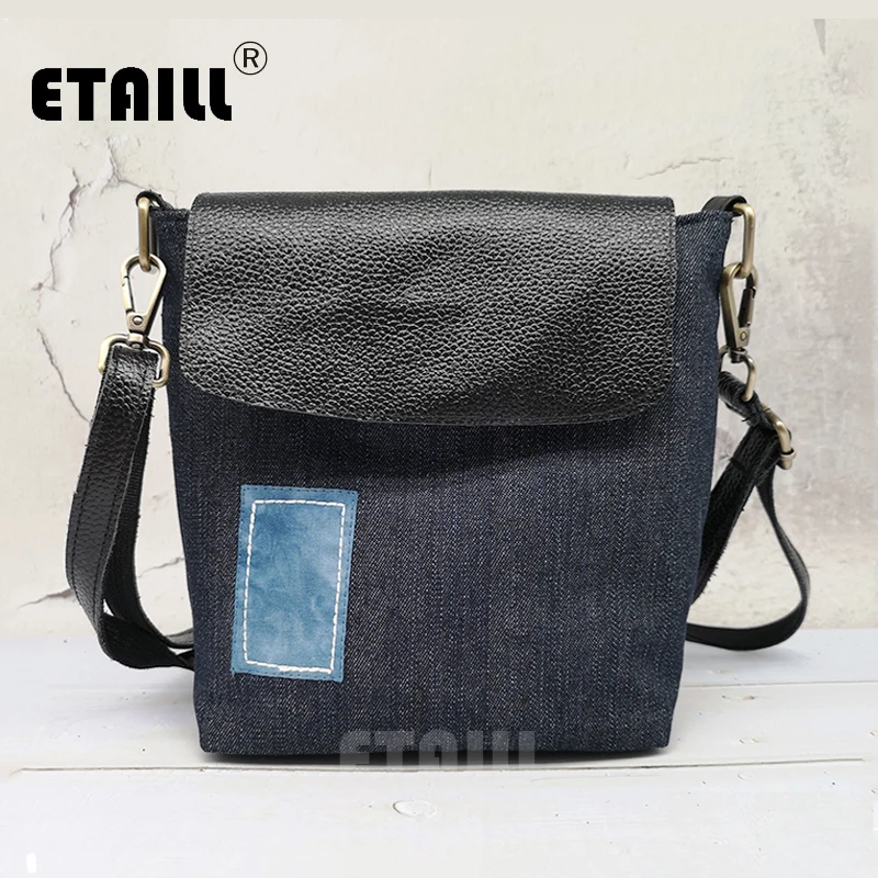 ETAILL модные джинсовые сумки на плечо с патч дамы Разделение кожа Флаг Crossbody