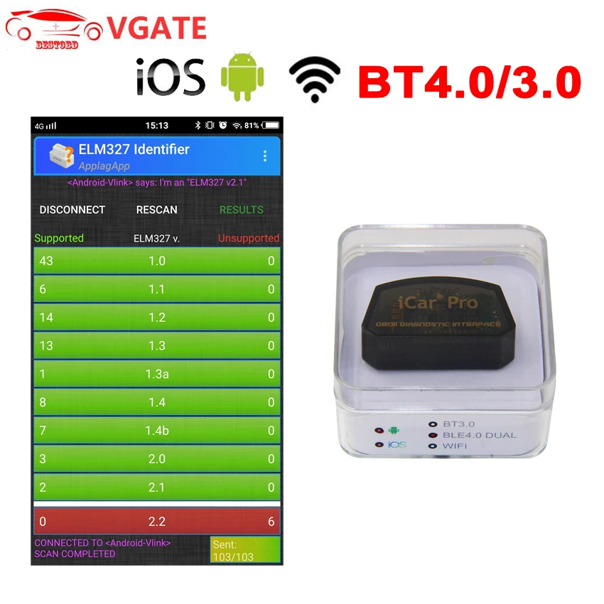 

Vgate ELM327 V2.1 WIFI / Bluetooth 4.0 for IOS Android iCar Pro OBD OBD2 OBDII Car Diagnostic Code Reader Tool Mini ELM327 v2.1