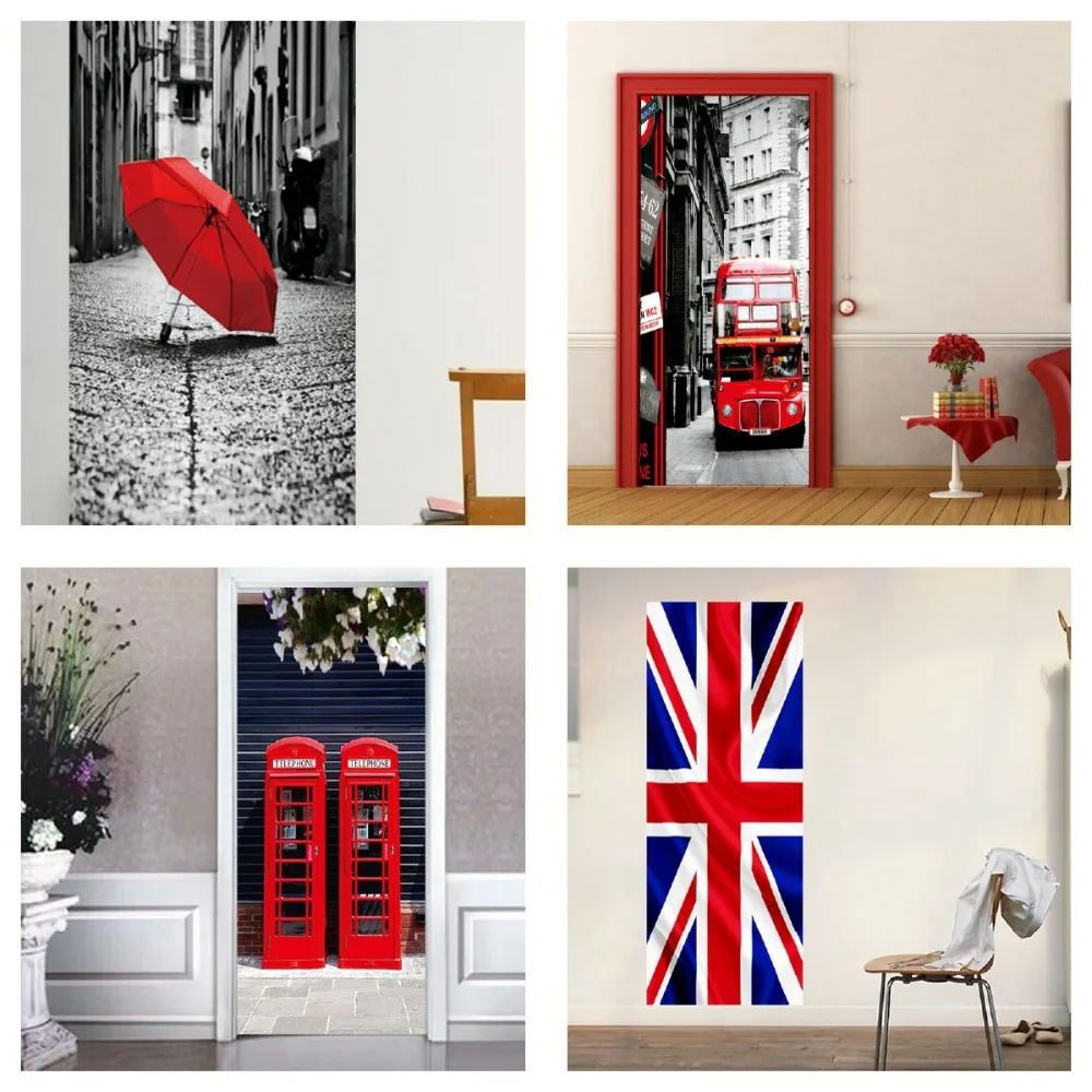 

England Flag London Red Double-decker Bus The Telephone Booth Umbrella Removable Wall Door Sticker Decal Vinyl Home Room Art