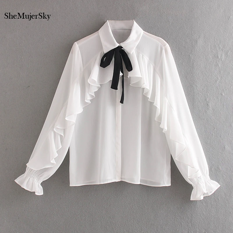 SheMujerSky Elegant Long Sleeve White Shirt Bow-tie Transparent Women Chiffon Blouse Ruffles Flare Sleeve Tops 2019
SheMujerSky Elegant Long Sleeve White Shirt Bow-tie Transparent Women Chiffon Blouse Ruffles Flare Sleeve Tops 2019
