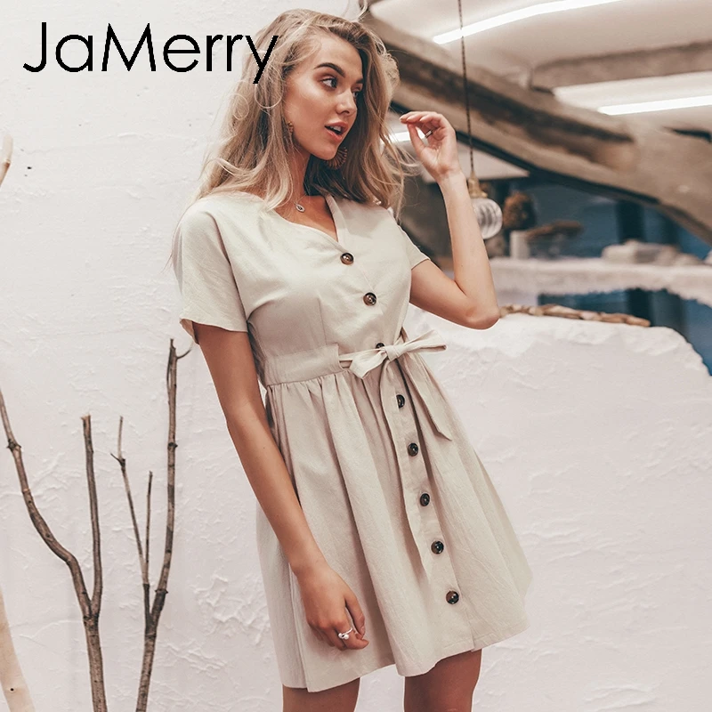 JaMerry Vintage solid button mini dress women Short sleeve cotton linen dresses Casual streetwear korean summer holiday vestidos
JaMerry Vintage solid button mini dress women Short sleeve cotton linen dresses Casual streetwear korean summer holiday vestidos