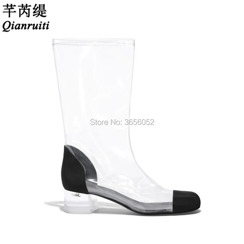 

Qianruiti Botines Mujer 2018 Black White PVC Jelly Shoes Perspex Low Heel Clear Rain Bootie Women Sexy Crystal Transparent Boots