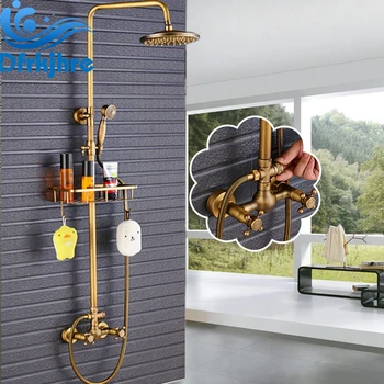 

Bathroom Antique Brass Shower Faucets Set 8'' Rainfall Faucet Commodity Shelf Dual Handle Mixer Tap Swivel Tub Spout Bath Shower