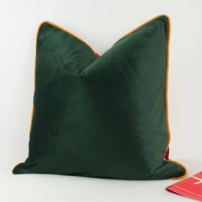 

3 Colors Velvet Cushion Cover Olive Green Red With Brown Yellow Piping Pillow Case Soft No Balling-up Without Stuffing