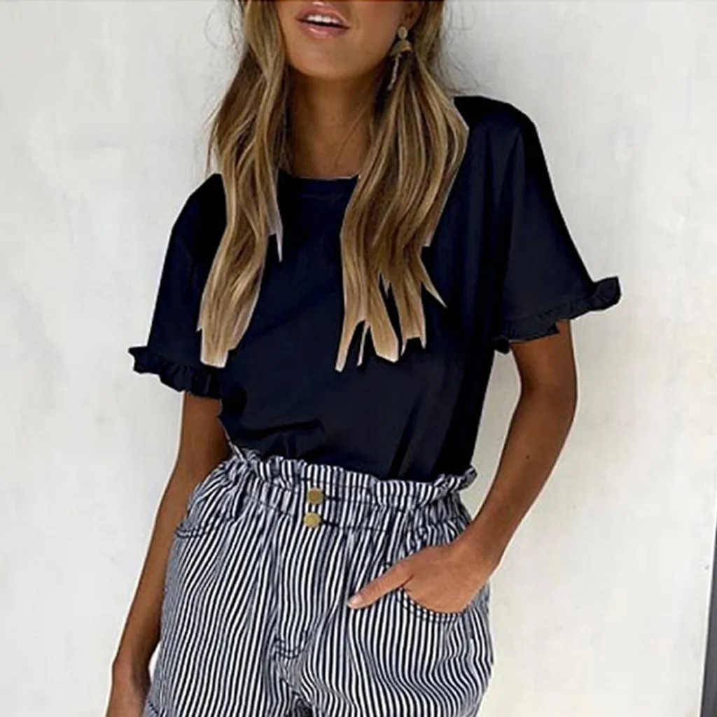 Women Summer T-shirt Casual Simple Solid Lotus Leaf Edge O-Neck Short Sleeved T-shirt Female Summer Tops
Women Summer T-shirt Casual Simple Solid Lotus Leaf Edge O-Neck Short Sleeved T-shirt Female Summer Tops