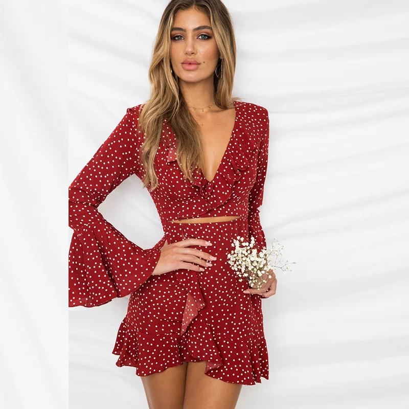 Charmed Women Dot Sexy V neck Autumn Dress Ruffled Flare sleeve Asymmetrical Red Long sleeve dress robe femme ete 2018
Charmed Women Dot Sexy V neck Autumn Dress Ruffled Flare sleeve Asymmetrical Red Long sleeve dress robe femme ete 2018