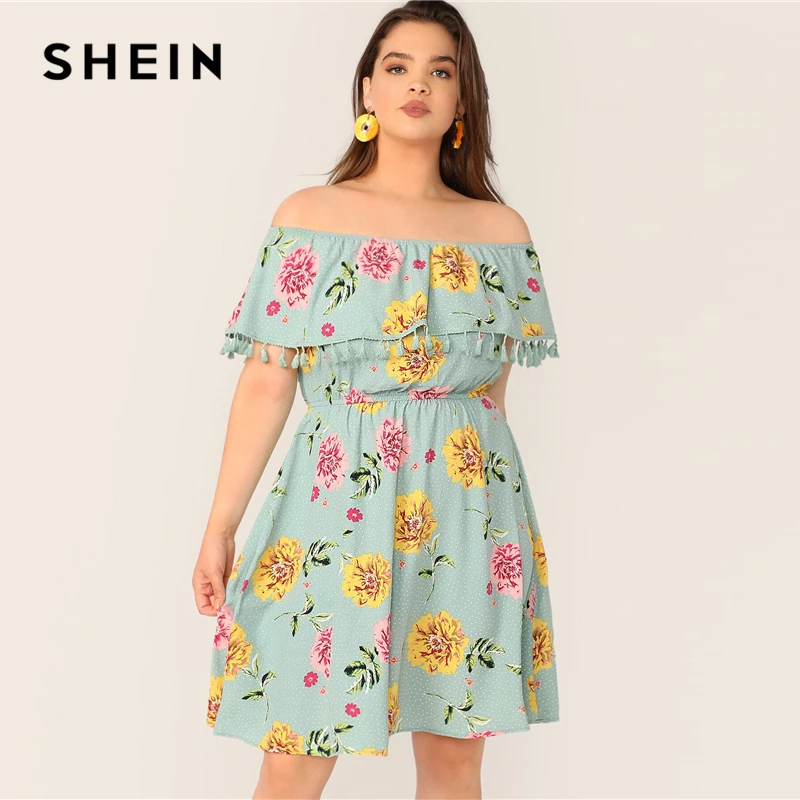 SHEIN Plus Size Green Tassel Ruffle Trim Bardot Off Shoulder A Line Dress 2019 Women Summer Boho High Waist Fit and Flare Dress
SHEIN Plus Size Green Tassel Ruffle Trim Bardot Off Shoulder A Line Dress 2019 Women Summer Boho High Waist Fit and Flare Dress