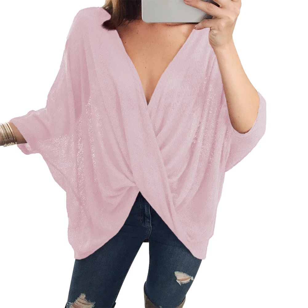 2019 Sexy Women Loose Shirts Knitted Tops Solid Deep V Neck Cross Over Drape Irregular Female Batwing Sleeve Oversized Blouse
2019 Sexy Women Loose Shirts Knitted Tops Solid Deep V Neck Cross Over Drape Irregular Female Batwing Sleeve Oversized Blouse