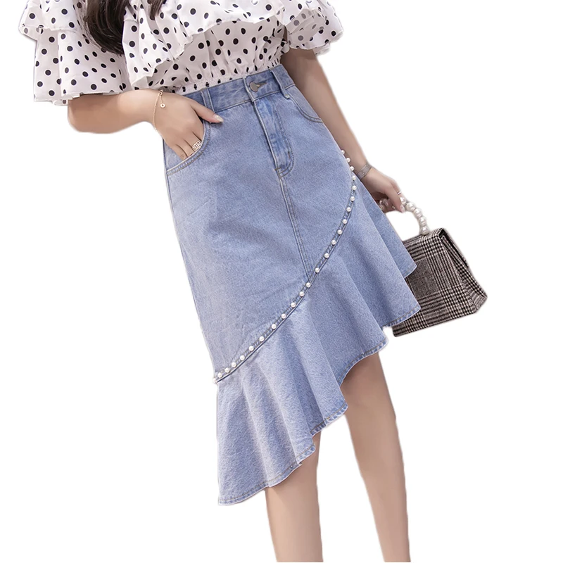 Irregular Beading Denim Skirt Women's 2019 New Spring Mermaid Skirt Fuffles Hem Gothic Skirts Slim Midi Fishtail Faldas Jupe
Irregular Beading Denim Skirt Women's 2019 New Spring Mermaid Skirt Fuffles Hem Gothic Skirts Slim Midi Fishtail Faldas Jupe