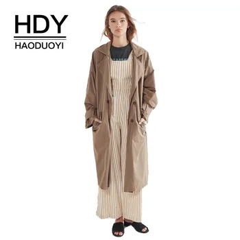 

HDY Haoduoyi Blazer Style Trench Coat Belted Long Trench Coats Vintage Draped Turn-down Collar Women Fashion Keep Warm Outwear