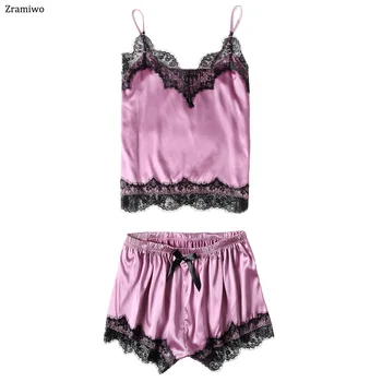 Satin Cami Set V-neck Top Lace Short Summer Soft Sleepwear Elegance Pajamas Women's Homewear 
Satin Cami Set V-neck Top Lace Short Summer Soft Sleepwear Elegance Pajamas Women's Homewear