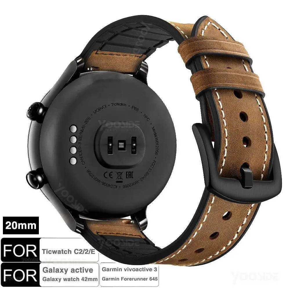 Ремешок для часов TicWatch C2 20 мм из натуральной кожи и силикона ремешок Onyx/Platinum