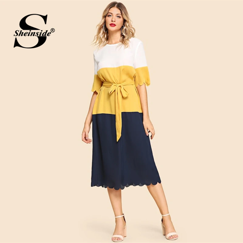 

Sheinside Fashion Colorblock Straight Dress Women 2019 Summer Casual Scallop Hem Belted Dresses Elegant Half Sleeve Midi Dress