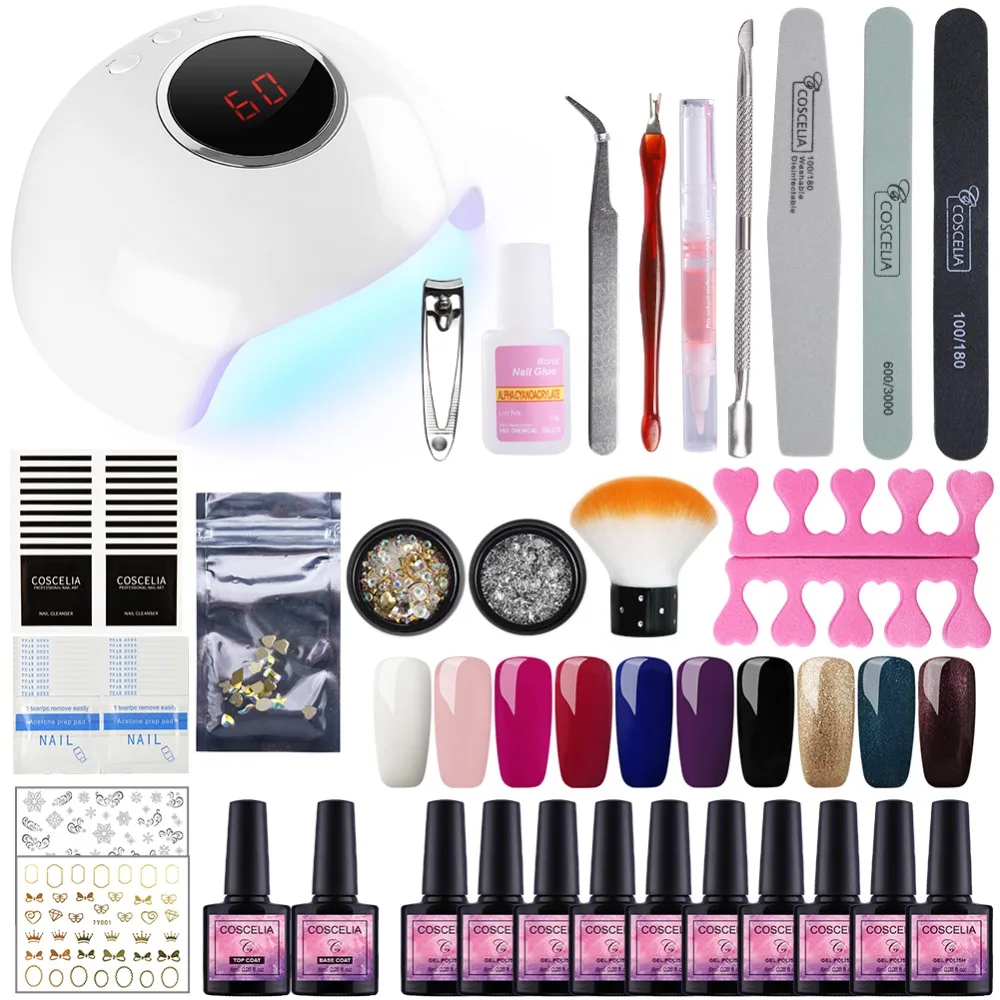 COSCELIA Nail Art Set With 24W UV LED Gel Lamp Nail Manicure Set 10PCS Gel Nail Polish Varnish Optional Tools Kit For Manicure
COSCELIA Nail Art Set With 24W UV LED Gel Lamp Nail Manicure Set 10PCS Gel Nail Polish Varnish Optional Tools Kit For Manicure