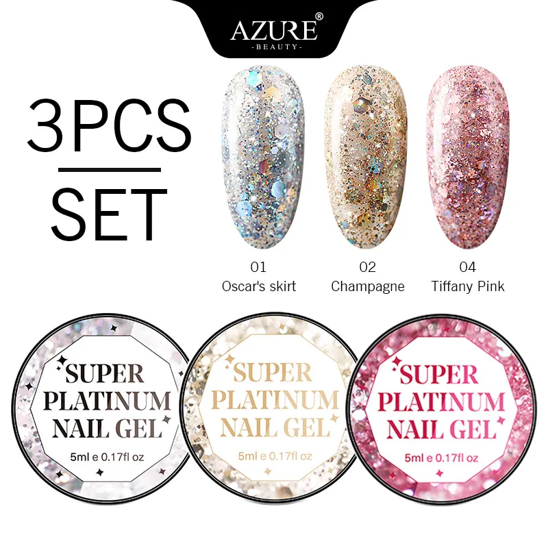 

AZURE BEAUTY Platinum Glitter UV Gel Polish Nail Art Enamel Kits Sparkly Glitter UV Led Gel Nail Lacquer Set Semi Permanent Gel