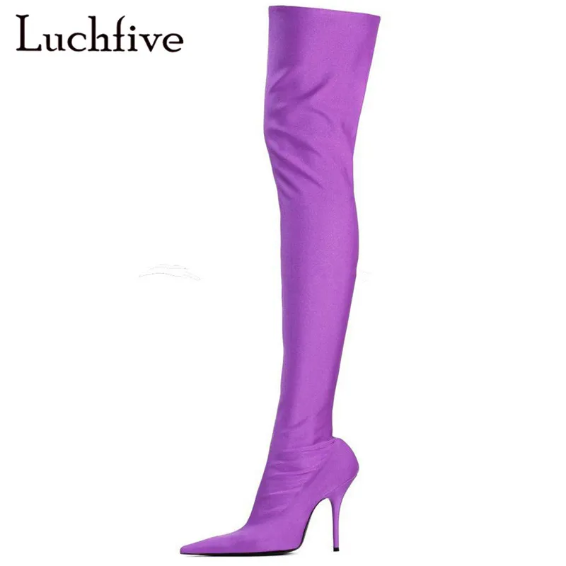 Fashion silk thin high heels over the knee boots sexy pointed toe elastic shoes women slip on autumn purple black long boots
Fashion silk thin high heels over the knee boots sexy pointed toe elastic shoes women slip on autumn purple black long boots