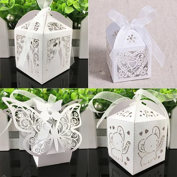 10pcs Laser Cut Elephant Hollow Carriage Favors Box Gifts Candy Boxes With Ribbon Baby Shower Wedding Birthday Party Supplies
