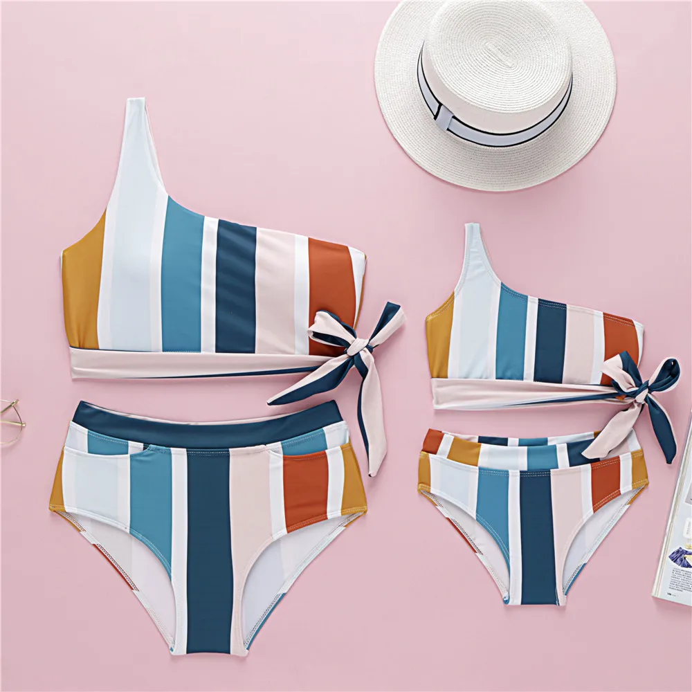 

striped oblique swimsuits mother daughter swimwear family look mommy and me matching clothes mom mum and baby girls bikini dress