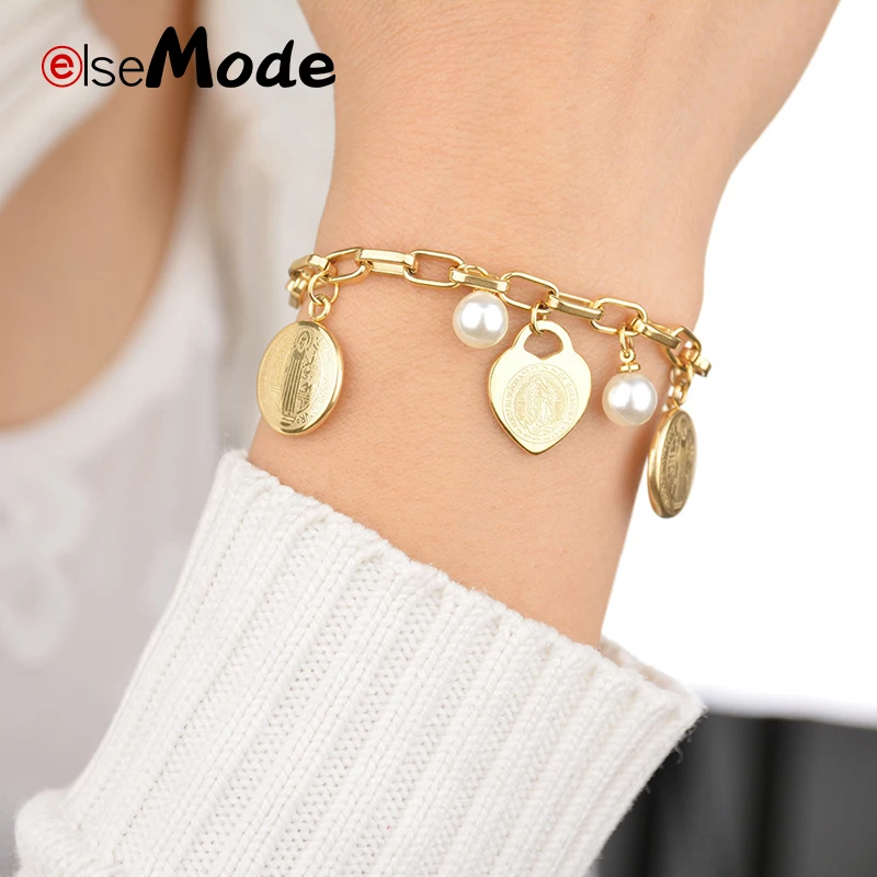 ELSEMODE Virgin Mary Charm Heart JESUS Coin Pearl Bracelet 316 L Stainless Steel Adjustable Bangle & Bracelet for Women Jewelry
ELSEMODE Virgin Mary Charm Heart JESUS Coin Pearl Bracelet 316 L Stainless Steel Adjustable Bangle & Bracelet for Women Jewelry