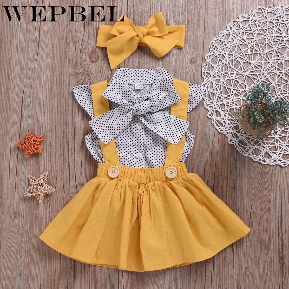 WEPBEL Baby Girls Clothes Sets Summer Dot flying sleeve top+strap dress+Headband 3-piece kids Children's Clothing Suit
WEPBEL Baby Girls Clothes Sets Summer Dot flying sleeve top+strap dress+Headband 3-piece kids Children's Clothing Suit