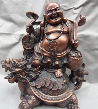 

USPS to USA S1629 15" Chinese Pure Bronze Fu Coin RuYi Maitreya Buddha Ride Dragon Turtle Statue
