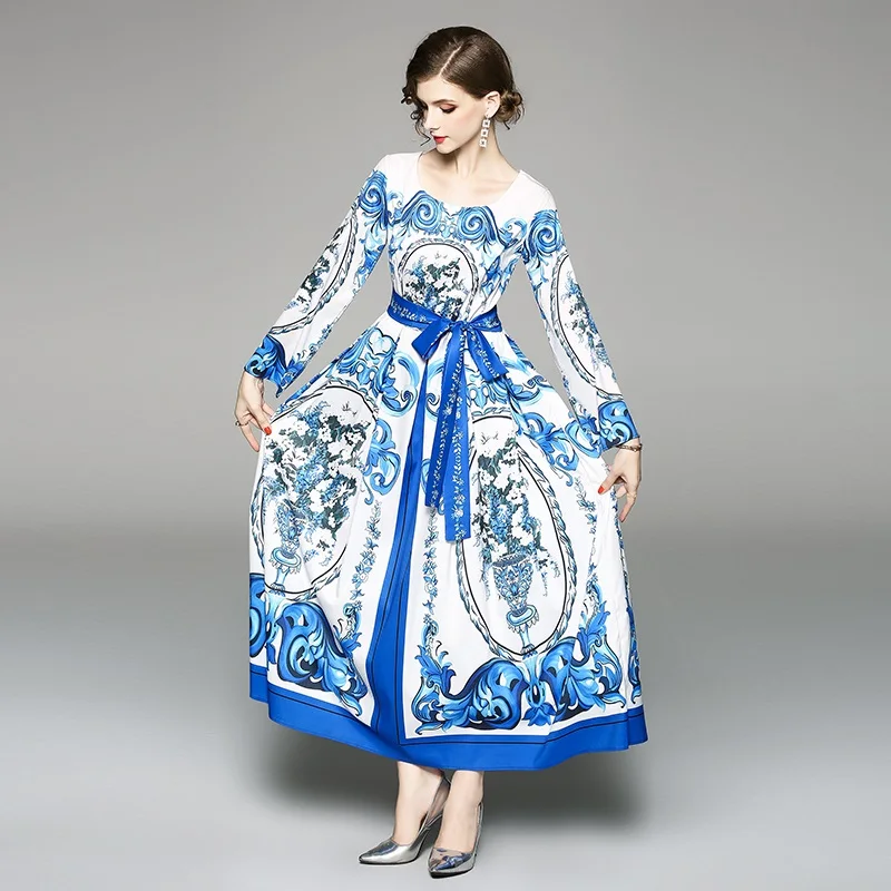 2018 Autumn New Fashion Blue and White Porcelain Women Long Dress Elegant Belt Swing Long Sleeve Vintage Printed Boho Maxi Dress
2018 Autumn New Fashion Blue and White Porcelain Women Long Dress Elegant Belt Swing Long Sleeve Vintage Printed Boho Maxi Dress