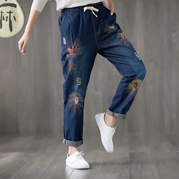 

Harajuku Ethnic Hippie Boho Vintage Retro Embroidered Feather Cotton Jeans Blue Denim Pants Loose Women Trousers Spring Capris