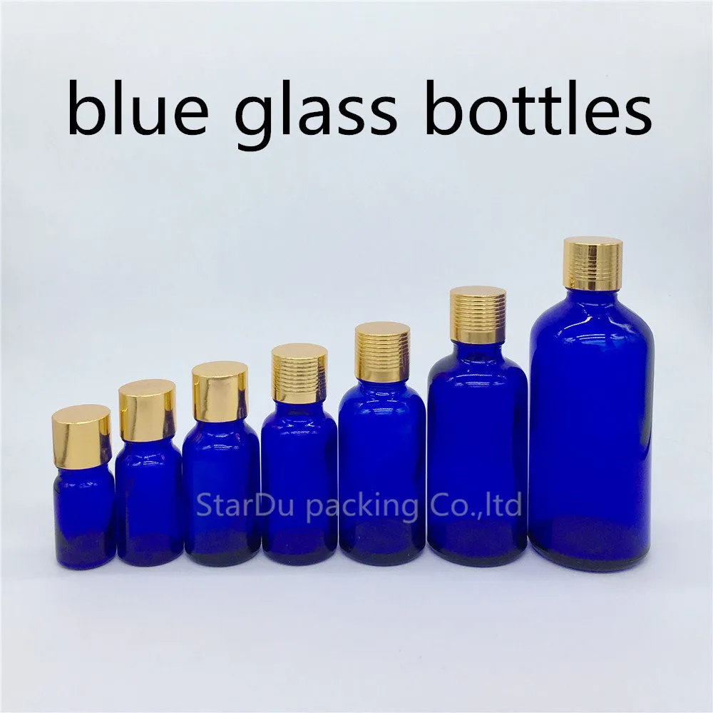 

5ml 10ml 15ml 20ml 30ML 50ml 100ml Blue Glass Bottle Vials, Essential Oil Blue Bottle With Gold Screw Cap Perfume Bottle
