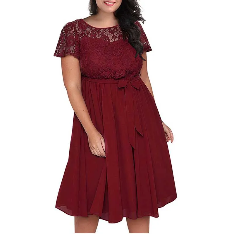 - HTB1E - Wipalo Plus Measurement Mulheres Verão Vestido De Renda Elegante Vestido Da Senhora de Manga Curta Moda Informal Vestidos Tamanho Grande Vestido de Festa Cinto 5XL