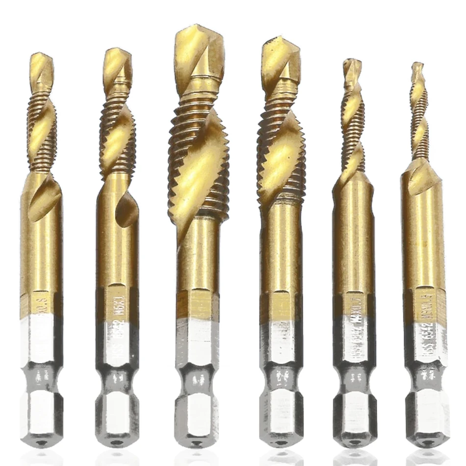 6pcs M3/M4/M5/M6/M8/M10 Twist Taps Bit Set 1/4 inch Hex Shank plating Titanium HSS wire tap Thread Screw Tapping Tools Tap Kit
6pcs M3/M4/M5/M6/M8/M10 Twist Taps Bit Set 1/4 inch Hex Shank plating Titanium HSS wire tap Thread Screw Tapping Tools Tap Kit