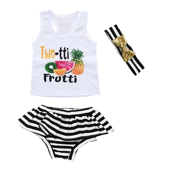 2019 Summer Fruit letter print vest T-shirt + striped briefs + bow hair band 3pcs children's suit
2019 Summer Fruit letter print vest T-shirt + striped briefs + bow hair band 3pcs children's suit