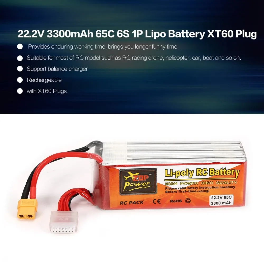 

ZOP Power 22.2V 3300mAh 65C 6S 1P Lipo Battery XT60 Plug Rechargeable for RC Racing Drone Quadcopter Helicopter Car Boat Model