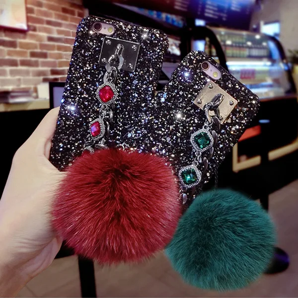 

For iPhone 5S 6 6S 7 8 Plus X XR XS Max Case Glitter Luxury Bling Diamond Gem Bracelet Chain Tassel Fox Fur Ball Cover Case