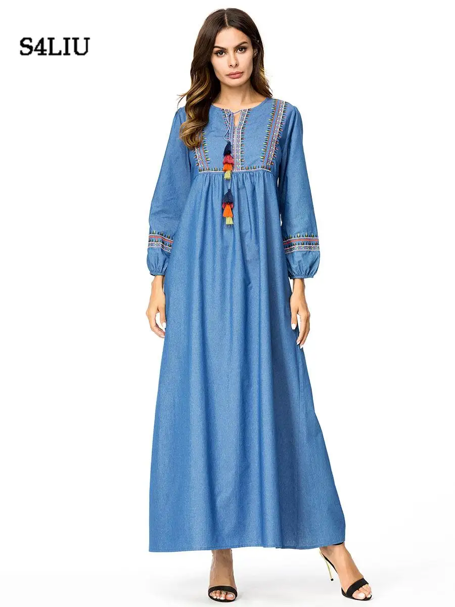 

Women Muslim Maix Shift Dress Denim Ethnic Abaya Jilbab Long Sleeve Lace Up New