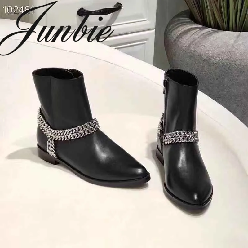 JUNBIE Genuine Leather Zip Side Women Ankle Boots Pointed Toe Metal Chain Low Heel Boots Shoes Women
JUNBIE Genuine Leather Zip Side Women Ankle Boots Pointed Toe Metal Chain Low Heel Boots Shoes Women