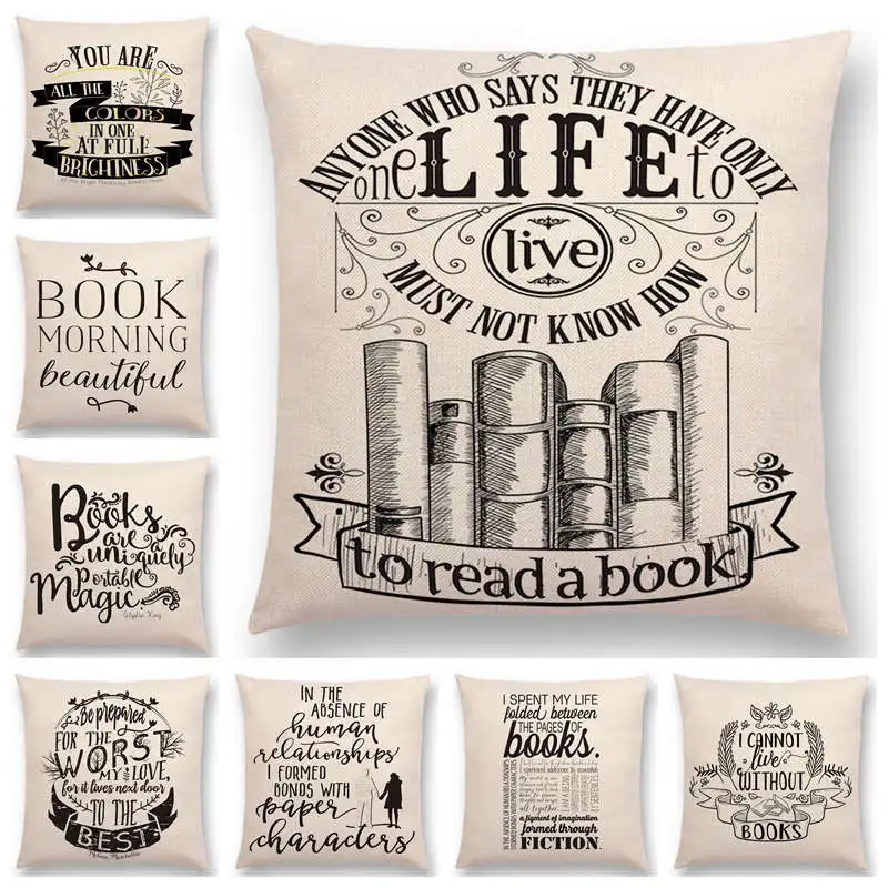 

Black And White Style Cushion Cover Reading Books Decorative Letters Warm Phrase Car Pillow Case