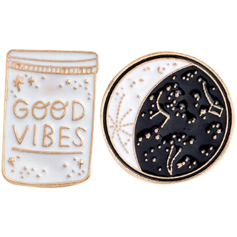 

New Cartoon Constellation Moon GOOD VIBES Bottle Brooch White Black Enamel Pins Button Coat Hat Collar Pin Badge Jewelry Gift