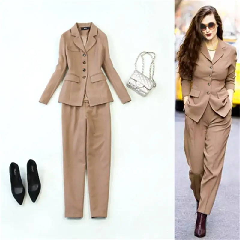 Fashion Pant Suits female large size fall / winter New khaki slim multi-button suit + harem pants two-piece suit women
Fashion Pant Suits female large size fall / winter New khaki slim multi-button suit + harem pants two-piece suit women