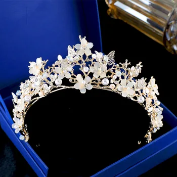 

Baroque Vintage Gold Butterfly Crown Flowers Wedding Prom Tiara Headband Pearl Bridal Headpieces Bride Hair Accessories Hairband
