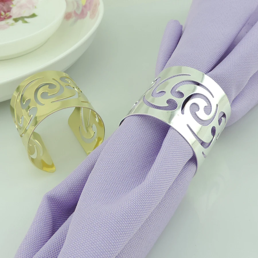 

12pcs Gold/Silver Engaved Hollow Flower Napkin Ring Serviette Buckle Holder For Wedding Banquet Dinner Decoration Favor