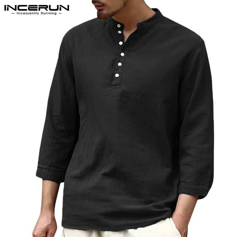 Mens Cotton Casual Shirts Linen Blouse 3//4 Sleeve Fitted Button T-shirt Tops Hot