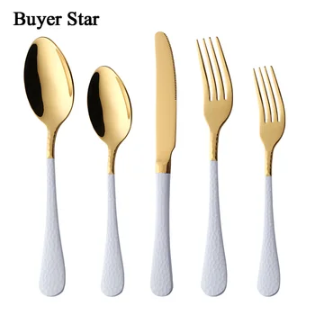 5Pcs White Gold Dinnerware 18/10 Stainless Steel Tableware Super Quality Cutlery Sets Flatware Dessert Spoon Fork Knife
5Pcs White Gold Dinnerware 18/10 Stainless Steel Tableware Super Quality Cutlery Sets Flatware Dessert Spoon Fork Knife