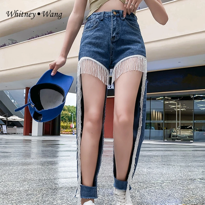 WHITNEY WANG 2021 модные уличные дизайнерские джинсы с бахромой спереди женские