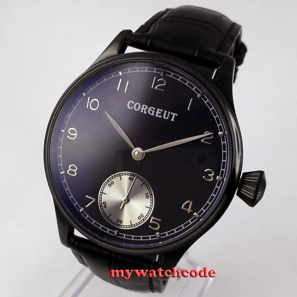 44mm Corgeut black dial PVD 6498 hand winding movement leather strap mens watch5
44mm Corgeut black dial PVD 6498 hand winding movement leather strap mens watch5