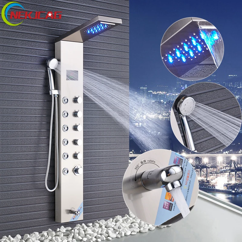 

Wall Mounted Shower Panel Rain Waterfall Shower Faucet 6pc Massage Jets Tower Shower Column with Hand Shower Tub Spout