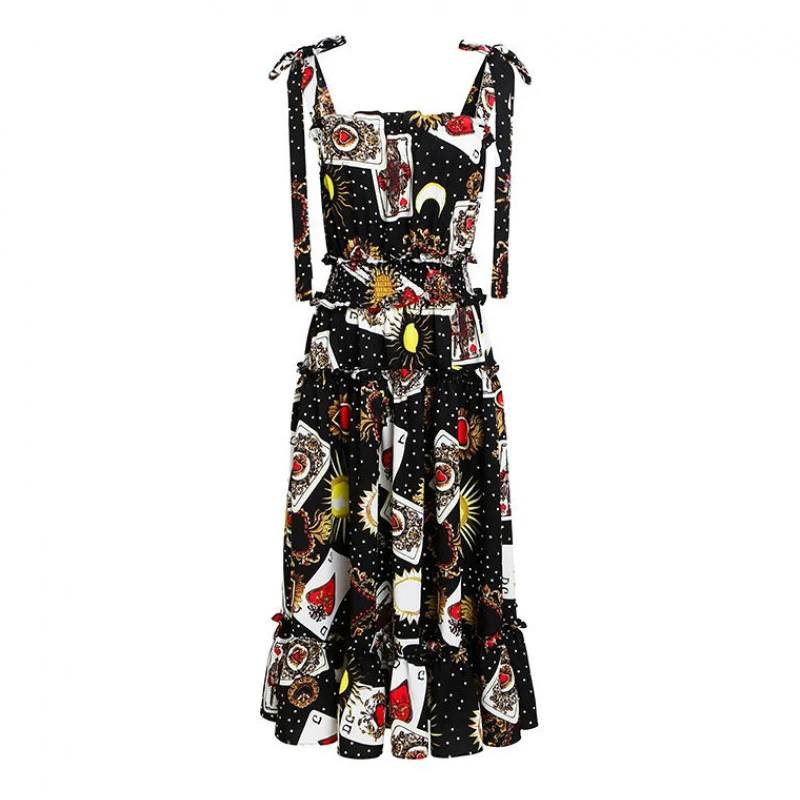 PERHAPS U balck Playing cards sun print sleeveless strap lace-up bow empire elastic waist knee length dress beach vocation D1663
PERHAPS U balck Playing cards sun print sleeveless strap lace-up bow empire elastic waist knee length dress beach vocation D1663