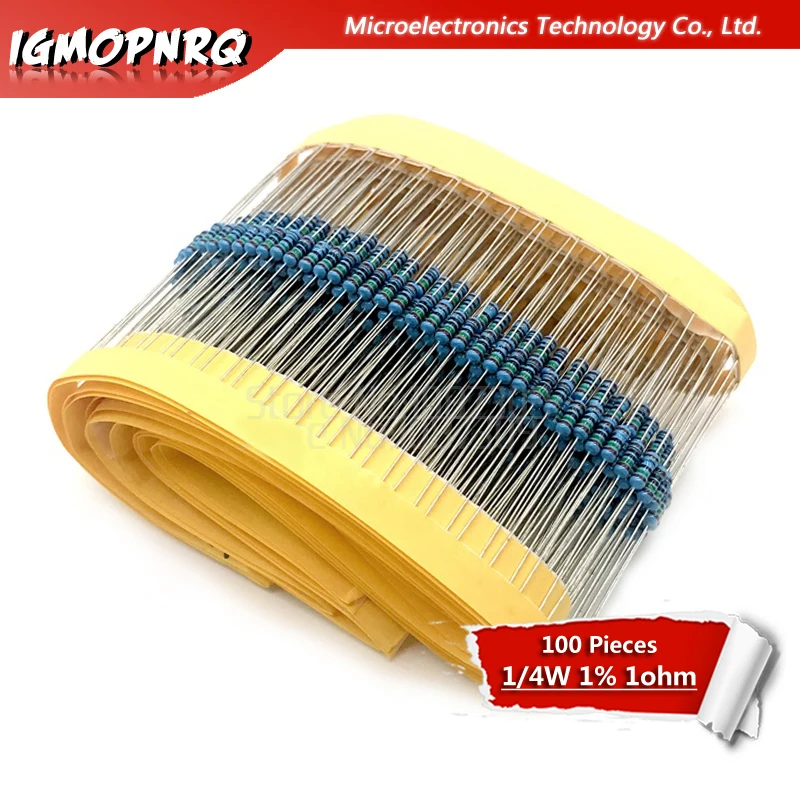 1Lot 100PCS 1/4W 1R 1/4W-1 ohm 1ohm Metal Film Resistor 0.25W 1% High Quality 
1Lot 100PCS 1/4W 1R 1/4W-1 ohm 1ohm Metal Film Resistor 0.25W 1% High Quality