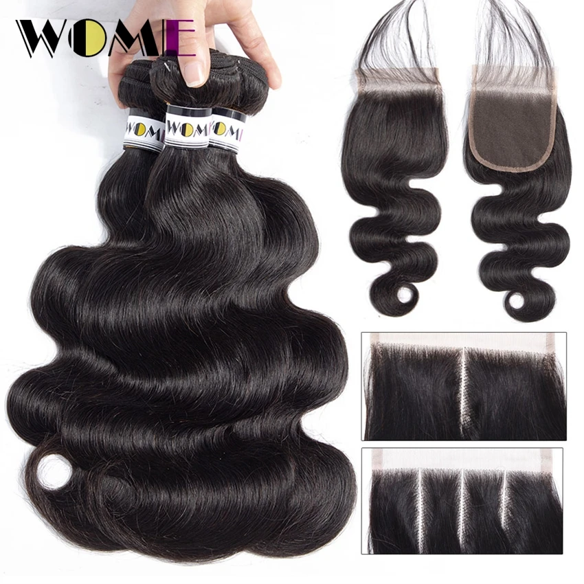 Wome Brazilian Body Wave Hair Weave 3 Bundles with Closure Natural Black Human Free Part Non-Remy | Шиньоны и парики