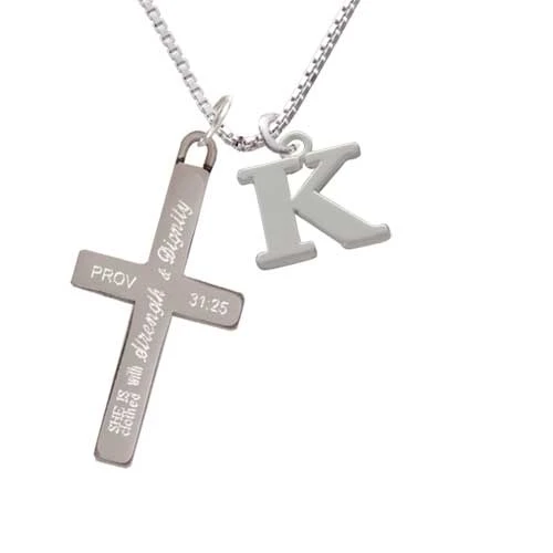 Large Initial - K - - Strength and Dignity - Cross Necklace (1)